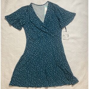 41 Hawthorn Teal Green Polka Dot Faux Wrap Dress Women's L Flutter Sleeve V NWT